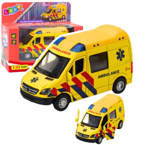 Karetka Ambulans Metalowy Z Napędem Pull Back Światła Dźwięki Żółty 1:32 Karetka Ambulans Metalowy Z Napędem Pull Back Światła Dźwięki Żółty 1:32