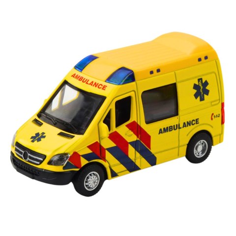 Karetka Ambulans Metalowy Z Napędem Pull Back Światła Dźwięki Żółty 1:32 Karetka Ambulans Metalowy Z Napędem Pull Back Światła Dźwięki Żółty 1:32