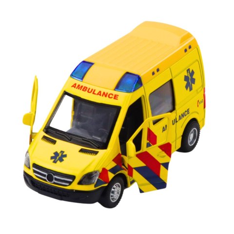 Karetka Ambulans Metalowy Z Napędem Pull Back Światła Dźwięki Żółty 1:32 Karetka Ambulans Metalowy Z Napędem Pull Back Światła Dźwięki Żółty 1:32
