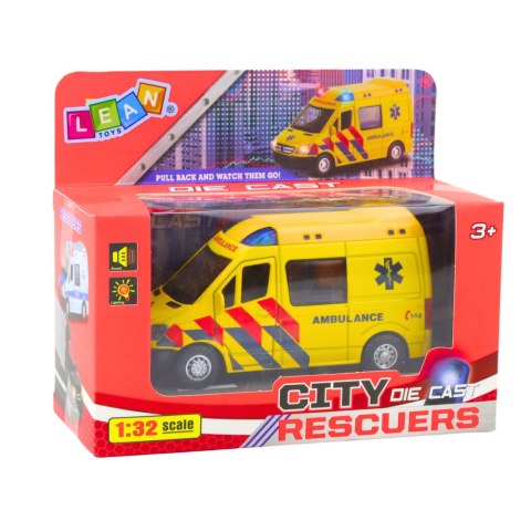 Karetka Ambulans Metalowy Z Napędem Pull Back Światła Dźwięki Żółty 1:32 Karetka Ambulans Metalowy Z Napędem Pull Back Światła Dźwięki Żółty 1:32