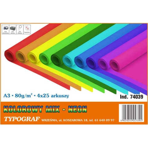 PAPIER TYPOGRAF A3/80g NEON 25*4 KOLORY (100) PAPIER TYPOGRAF A3/80g NEON 25*4 KOLORY (100)