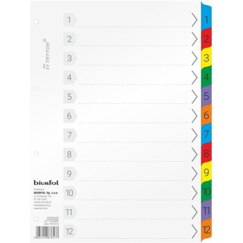Przekładki kartonowe Biurfol A4 1-12 numeryczne Przekładki kartonowe Biurfol A4 1-12 numeryczne