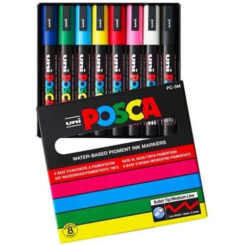 Markery z farbą plakatową Uni POSCA PC-5M 8 koloró