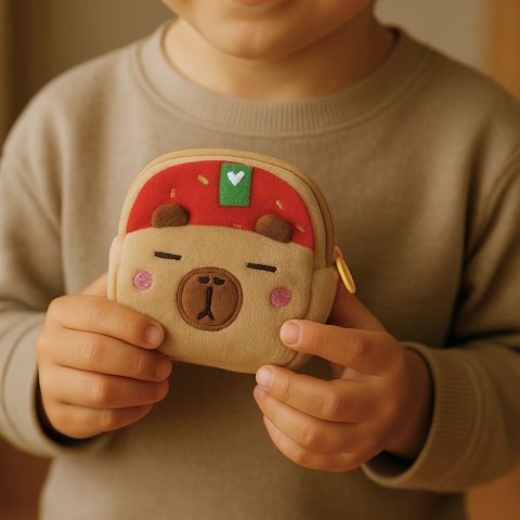 Portfelik Pluszowy Z Brelokiem Kapibara Truskawka Czerwona 9,5 x 8 cm