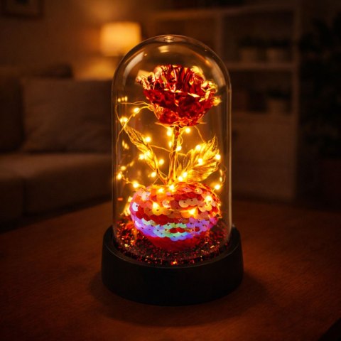 Wieczna Róża Kryształowa w Kopule z Oświetleniem LED z Serduszkiem 14x8cm