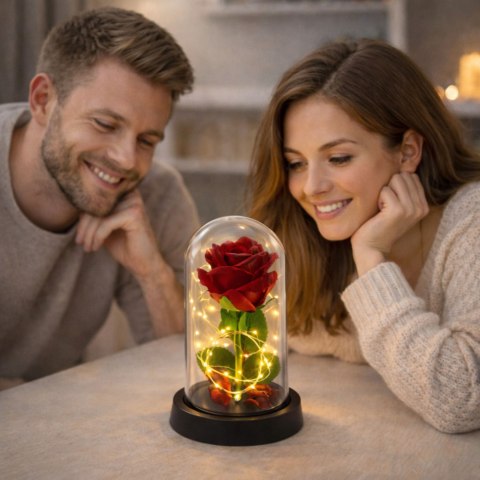 Wieczna Róża w Kopule z Oświetleniem LED Czerwona 21x11cm