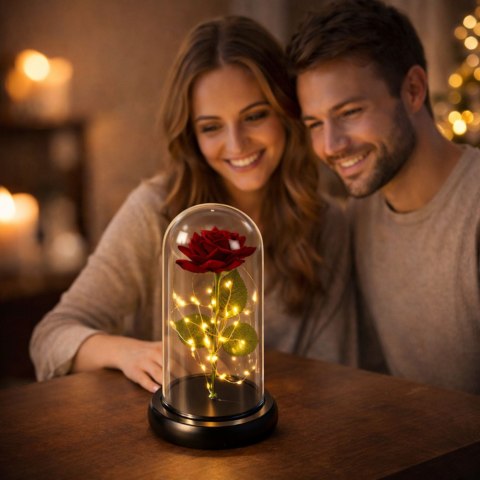 Wieczna Róża w Kopule z Oświetleniem LED Czerwona 21x11cm