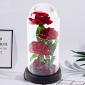 Wieczne 3 Róże w Kopule z Oświetleniem LED i Płatkami Róż Czerwone 21x11cm