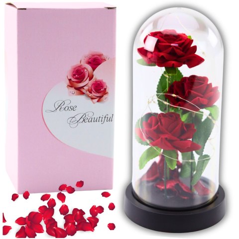 Wieczne 3 Róże w Kopule z Oświetleniem LED i Płatkami Róż Czerwone 21x11cm