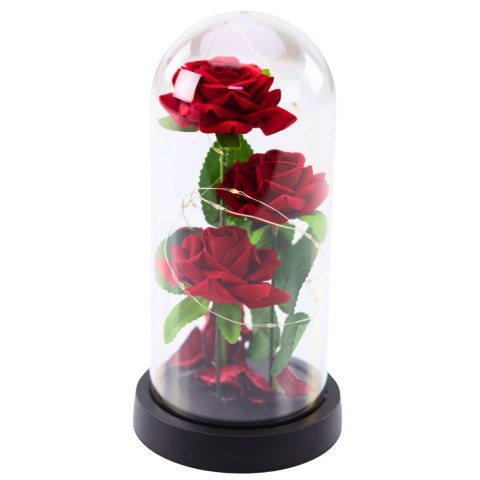 Wieczne 3 Róże w Kopule z Oświetleniem LED i Płatkami Róż Czerwone 21x11cm