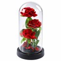Wieczne 3 Róże w Kopule z Oświetleniem LED i Płatkami Róż Czerwone 21x11cm
