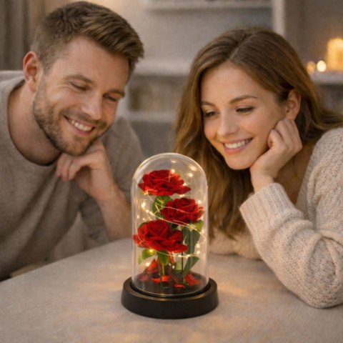 Wieczne 3 Róże w Kopule z Oświetleniem LED i Płatkami Róż Czerwone 21x11cm