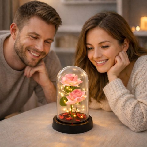 Wieczne Róże w Kopule z Oświetleniem LED i Płatkami Róż Różowe 21x11cm