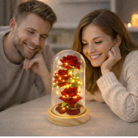 Wieczne Róże W Szklanej Kopule Oświetlenie LED Czerwone 21,5 x 11 cm
