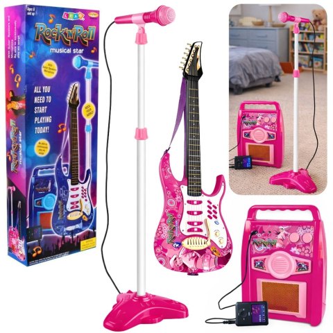 Gitara z Mikrofonem Strunami Wzmacniaczem Różowa