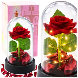 Wieczna Róża w Kopule z Oświetleniem LED Czerwona z Płatkami Róż 14x8cm