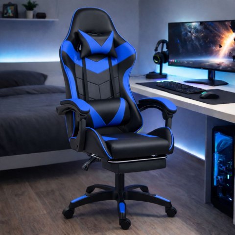 Fotel Gamingowy LEAN Obrotowy Biurowy Z Podnóżkiem Poduszki Czarno-Niebieski
