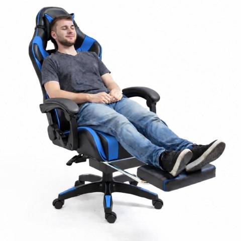 Fotel Gamingowy LEAN Obrotowy Biurowy Z Podnóżkiem Poduszki Czarno-Niebieski