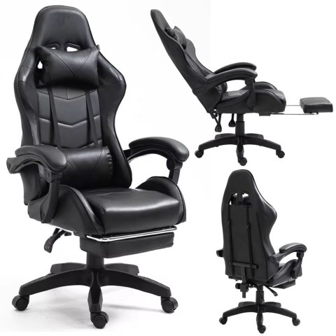 Fotel Gamingowy LEAN Obrotowy Biurowy Z Podnóżkiem Poduszki Czarny