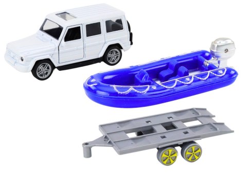 Auto Terenowe Z Przyczepą I Motorówką Metalowy Biały Niebieski LEAN Toys Auto Terenowe Z Przyczepą I Motorówką Metalowy Biały Niebieski LEAN Toys