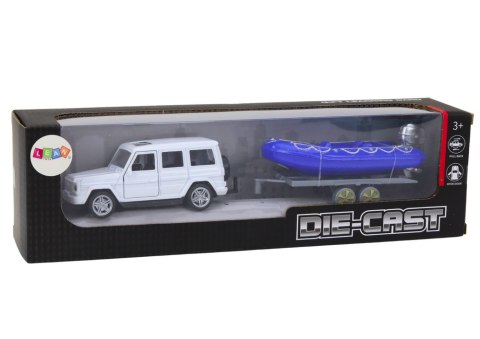 Auto Terenowe Z Przyczepą I Motorówką Metalowy Biały Niebieski LEAN Toys Auto Terenowe Z Przyczepą I Motorówką Metalowy Biały Niebieski LEAN Toys