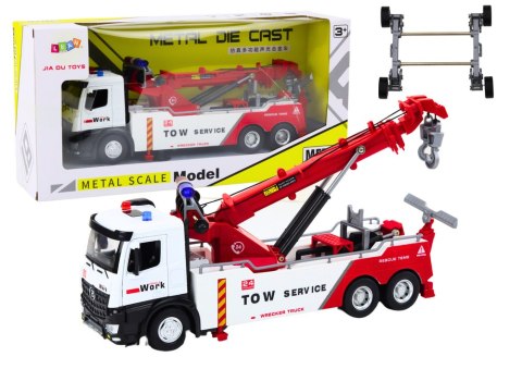 Ciężarówka Z Dźwigiem Dwa Haki Metalowa Biało-Czerwona Światła Dźwięki LEAN Toys Ciężarówka Z Dźwigiem Dwa Haki Metalowa Biało-Czerwona Światła Dźwięki LEAN Toys