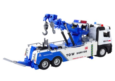 Ciężarówka Z Dźwigiem Dwa Haki Metalowa Biało-Niebieska Światła Dźwięki LEAN Toys Ciężarówka Z Dźwigiem Dwa Haki Metalowa Biało-Niebieska Światła Dźwięki LEAN Toys