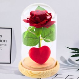 Wieczna Róża w Kopule z Oświetleniem LED Czerwona z Serduszkiem 14x8cm LEAN