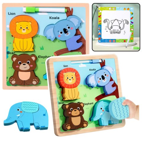 Układanka Tablica 2w1 Drewniana Edukacyjna Dzikie Zwierzęta Pisak LEAN TOYS Układanka Tablica 2w1 Drewniana Edukacyjna Dzikie Zwierzęta Pisak LEAN TOYS