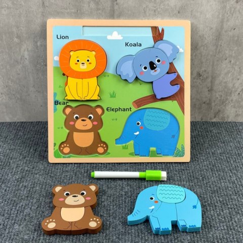 Układanka Tablica 2w1 Drewniana Edukacyjna Dzikie Zwierzęta Pisak LEAN TOYS Układanka Tablica 2w1 Drewniana Edukacyjna Dzikie Zwierzęta Pisak LEAN TOYS