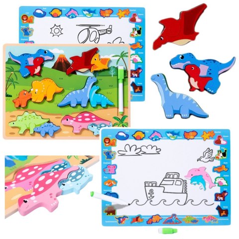 Układanka Tablica 2w1 Drewniana Edukacyjna Pisak Dinozaury 12el LEAN Toys Układanka Tablica 2w1 Drewniana Edukacyjna Pisak Dinozaury 12el LEAN Toys