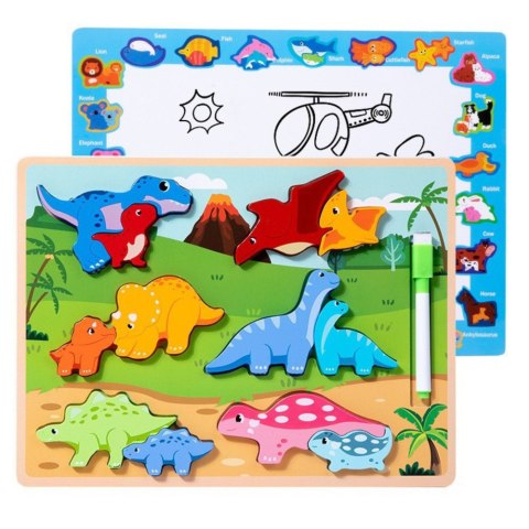 Układanka Tablica 2w1 Drewniana Edukacyjna Pisak Dinozaury 12el LEAN Toys Układanka Tablica 2w1 Drewniana Edukacyjna Pisak Dinozaury 12el LEAN Toys