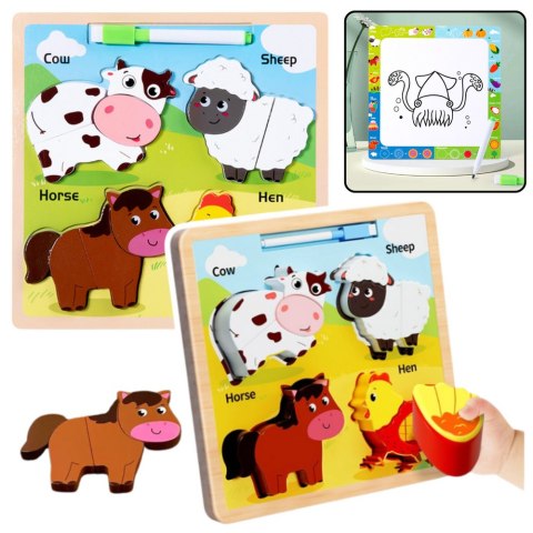 Układanka Tablica 2w1 Drewniana Edukacyjna Zwierzęta Domowe Pisak LEAN TOYS Układanka Tablica 2w1 Drewniana Edukacyjna Zwierzęta Domowe Pisak LEAN TOYS