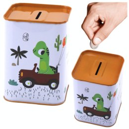 Skarbonka Dinozaur W Samochodzie Nauka Oszczędzania Metalowa Biała 11x8cm LEAN TOYS