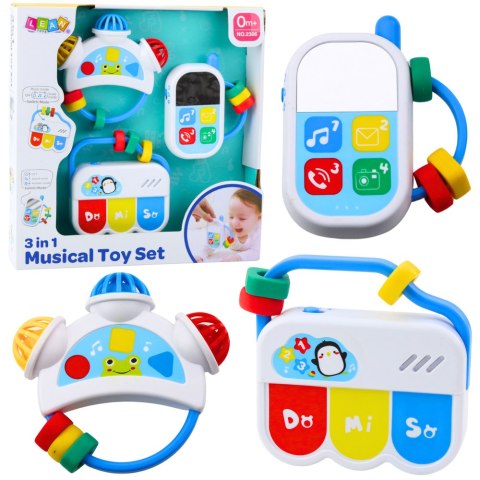Zestaw Zabawek Muzycznych Dla Malucha Telefon Tamburyn Klawisze Dźwięki 3w1 LEAN Toys Zestaw Zabawek Muzycznych Dla Malucha Telefon Tamburyn Klawisze Dźwięki 3w1 LEAN Toys