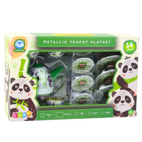 Zestaw Do Herbaty Metalowy Dzbanek Filiżanka Talerzyki Panda Zielony 14el LEAN Toys Zestaw Do Herbaty Metalowy Dzbanek Filiżanka Talerzyki Panda Zielony 14el LEAN Toys