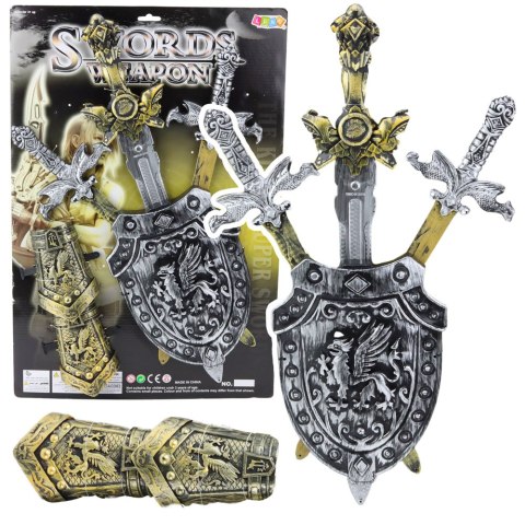 Zestaw Rycerski 3 Miecze Tarcza Ochraniacze Realistyczne Zdobienia LEAN Toys Zestaw Rycerski 3 Miecze Tarcza Ochraniacze Realistyczne Zdobienia LEAN Toys