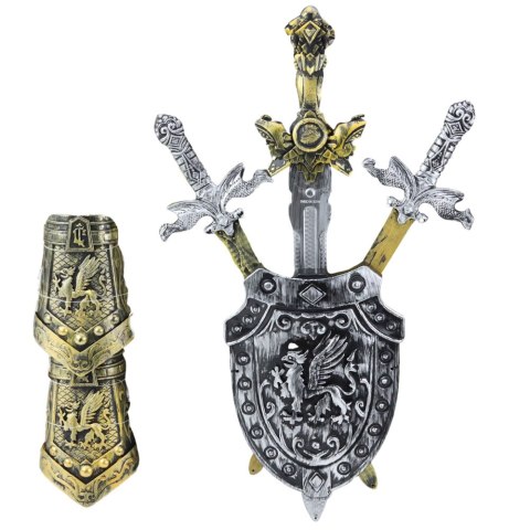 Zestaw Rycerski 3 Miecze Tarcza Ochraniacze Realistyczne Zdobienia LEAN Toys Zestaw Rycerski 3 Miecze Tarcza Ochraniacze Realistyczne Zdobienia LEAN Toys