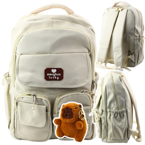 Plecak Miejski Szkolny Kapibara Brelok Przypinki Beżowy Kremowy 25L 42cm LEAN Plecak Miejski Szkolny Kapibara Brelok Przypinki Beżowy Kremowy 25L 42cm LEAN