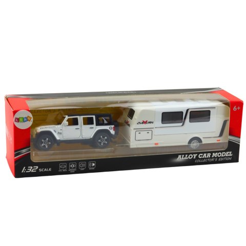Zestaw Auto Terenowe Kamper Metalowe Napęd Światła Dźwięki Biały 1:32 LEAN Toys Zestaw Auto Terenowe Kamper Metalowe Napęd Światła Dźwięki Biały 1:32 LEAN Toys
