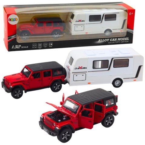 Zestaw Auto Terenowe Kamper Metalowe Napęd Światła Dźwięki Czerwony 1:32 LEAN Toys Zestaw Auto Terenowe Kamper Metalowe Napęd Światła Dźwięki Czerwony 1:32 LEAN Toys