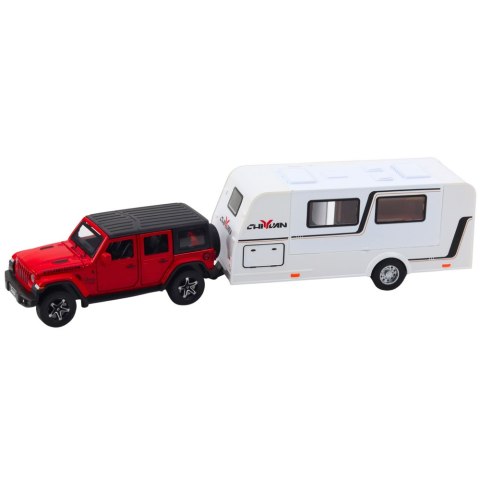 Zestaw Auto Terenowe Kamper Metalowe Napęd Światła Dźwięki Czerwony 1:32 LEAN Toys Zestaw Auto Terenowe Kamper Metalowe Napęd Światła Dźwięki Czerwony 1:32 LEAN Toys