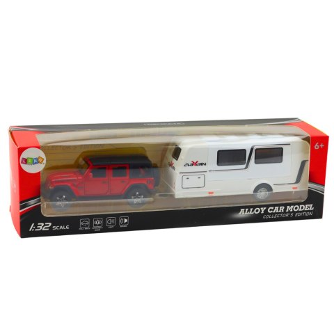 Zestaw Auto Terenowe Kamper Metalowe Napęd Światła Dźwięki Czerwony 1:32 LEAN Toys Zestaw Auto Terenowe Kamper Metalowe Napęd Światła Dźwięki Czerwony 1:32 LEAN Toys