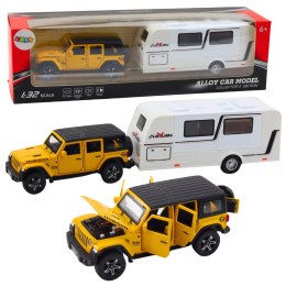 Zestaw Auto Terenowe Kamper Metalowe Napęd Światła Dźwięki Żółte 1:32 LEAN Toys