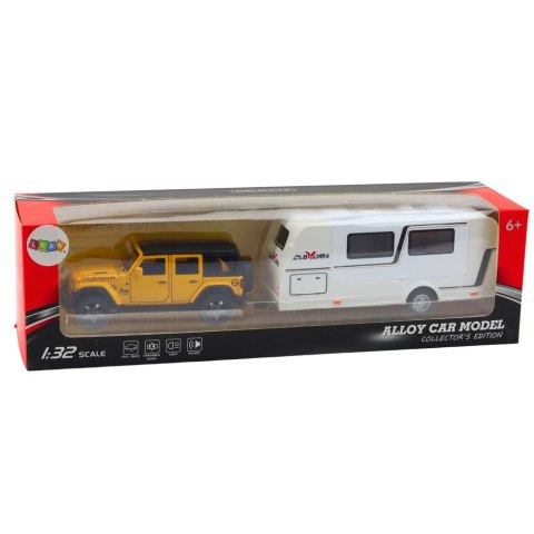 Zestaw Auto Terenowe Kamper Metalowe Napęd Światła Dźwięki Żółte 1:32 LEAN Toys Zestaw Auto Terenowe Kamper Metalowe Napęd Światła Dźwięki Żółte 1:32 LEAN Toys