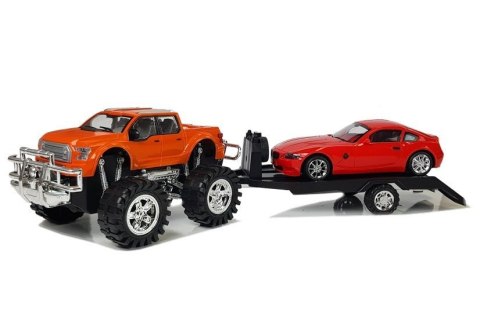 Zestaw Pojazdów Pomarańczowy Monster Truck Czerwone BMW Laweta 58 cm LEAN Toys Zestaw Pojazdów Pomarańczowy Monster Truck Czerwone BMW Laweta 58 cm LEAN Toys
