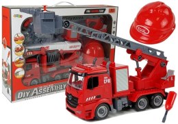 Zestaw DIY Wóz Strażacki 2w1 Wymienne Podnośniki Śrubokręt Dźwięk Efekty Świetlne Kask LEAN Toys