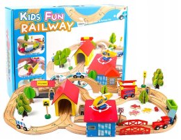 Drewniany Tor Kolejka Autka Drzewa Budynki Helikopter LEAN Toys