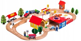 Drewniany Tor Kolejka Autka Drzewa Budynki Helikopter LEAN Toys