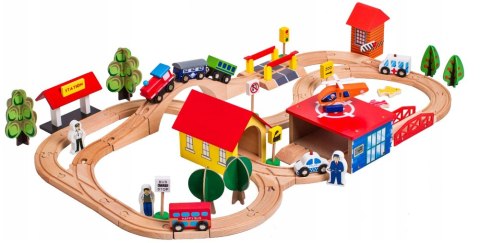 Drewniany Tor Kolejka Autka Drzewa Budynki Helikopter LEAN Toys Drewniany Tor Kolejka Autka Drzewa Budynki Helikopter LEAN Toys